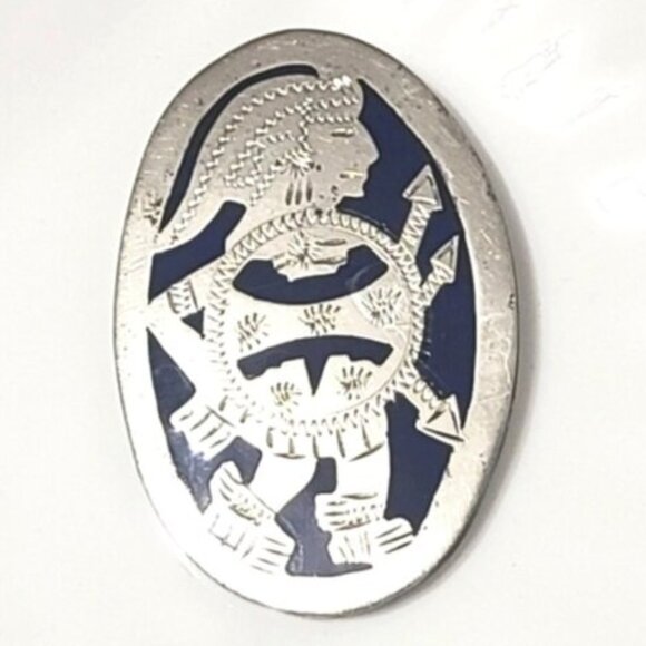 Vintage Boho Sterling Silver Lapis Lazuli Inlay Aztec Tribal Pendant Brooch Pin - Picture 1 of 9